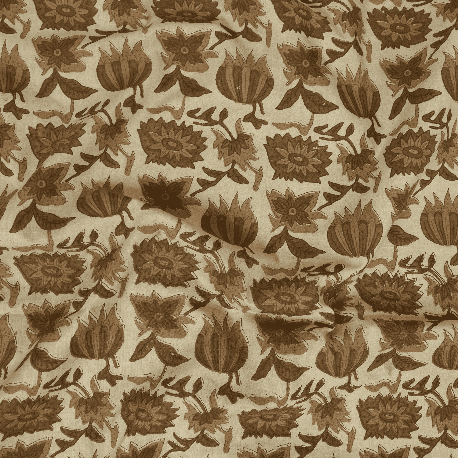 Brown Floral Pure Cotton Hand Block Printed Fabric