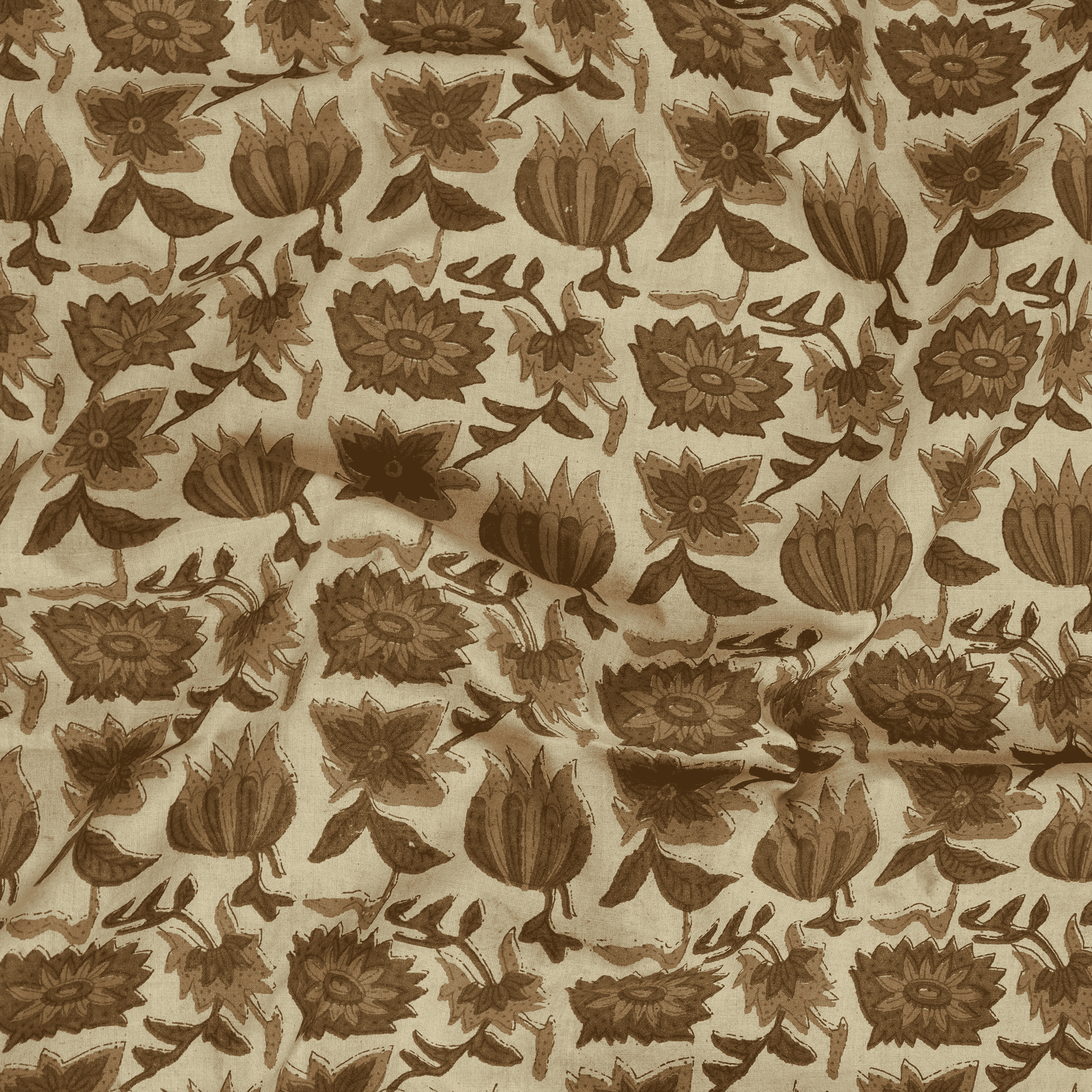 Brown Floral Pure Cotton Hand Block Printed Fabric