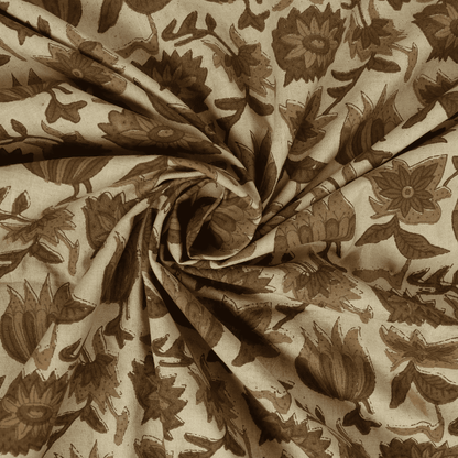 Brown Floral Pure Cotton Hand Block Printed Fabric