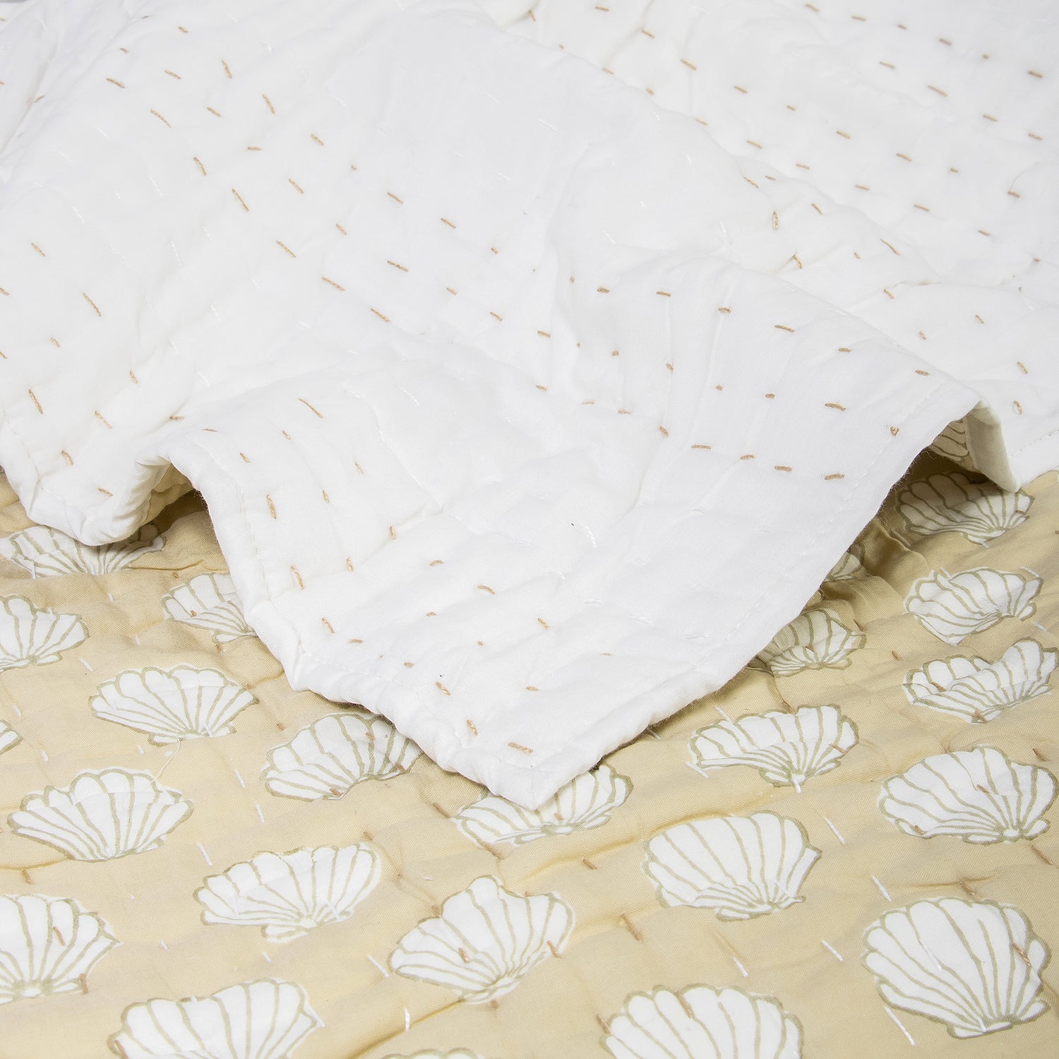 Brown Sea Celll Hand Block Print Kantha Quilt Blanket