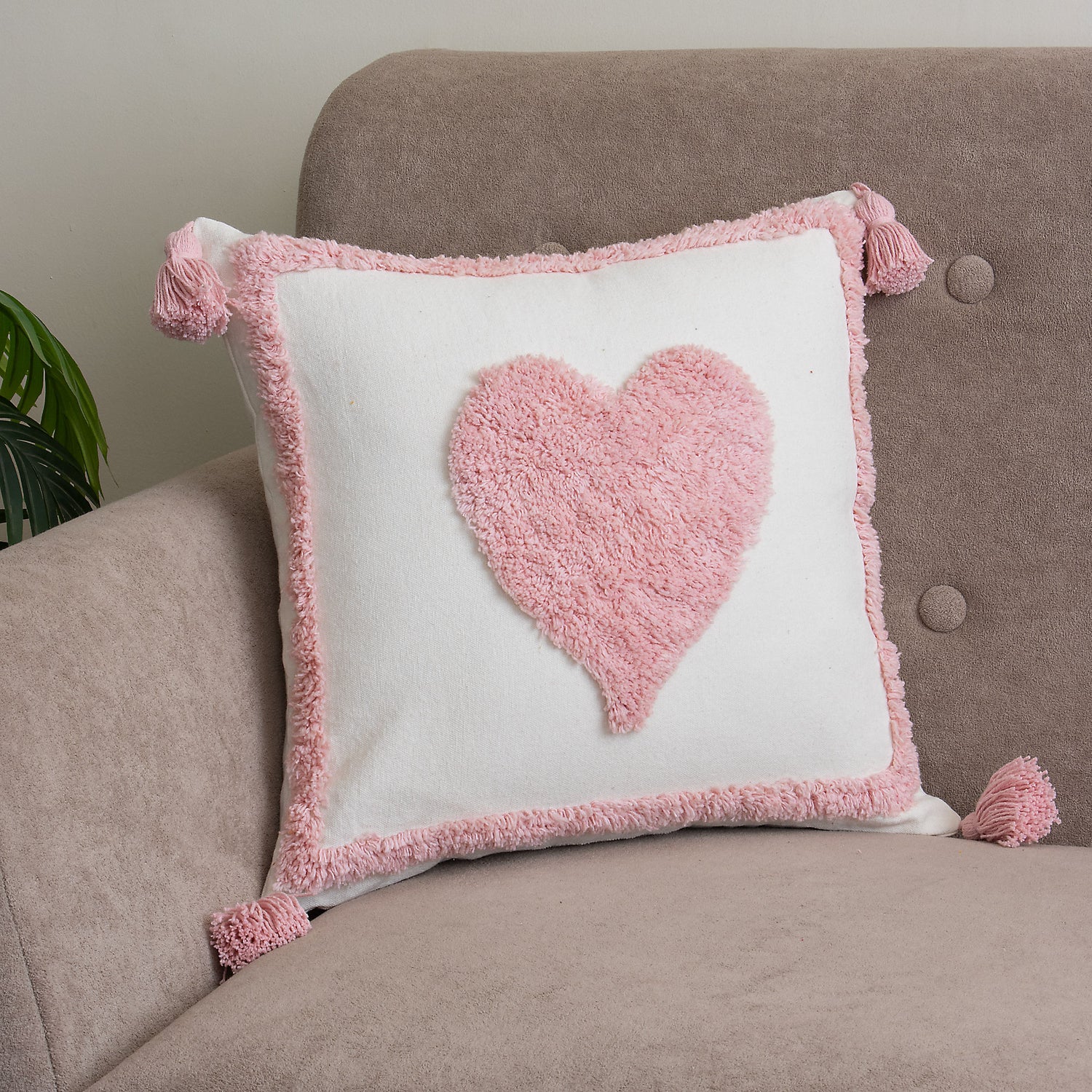 Pink Heart Tufted Cushion Cover with Tassels