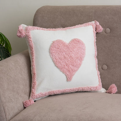 Pink Heart Tufted Cushion Cover with Tassels