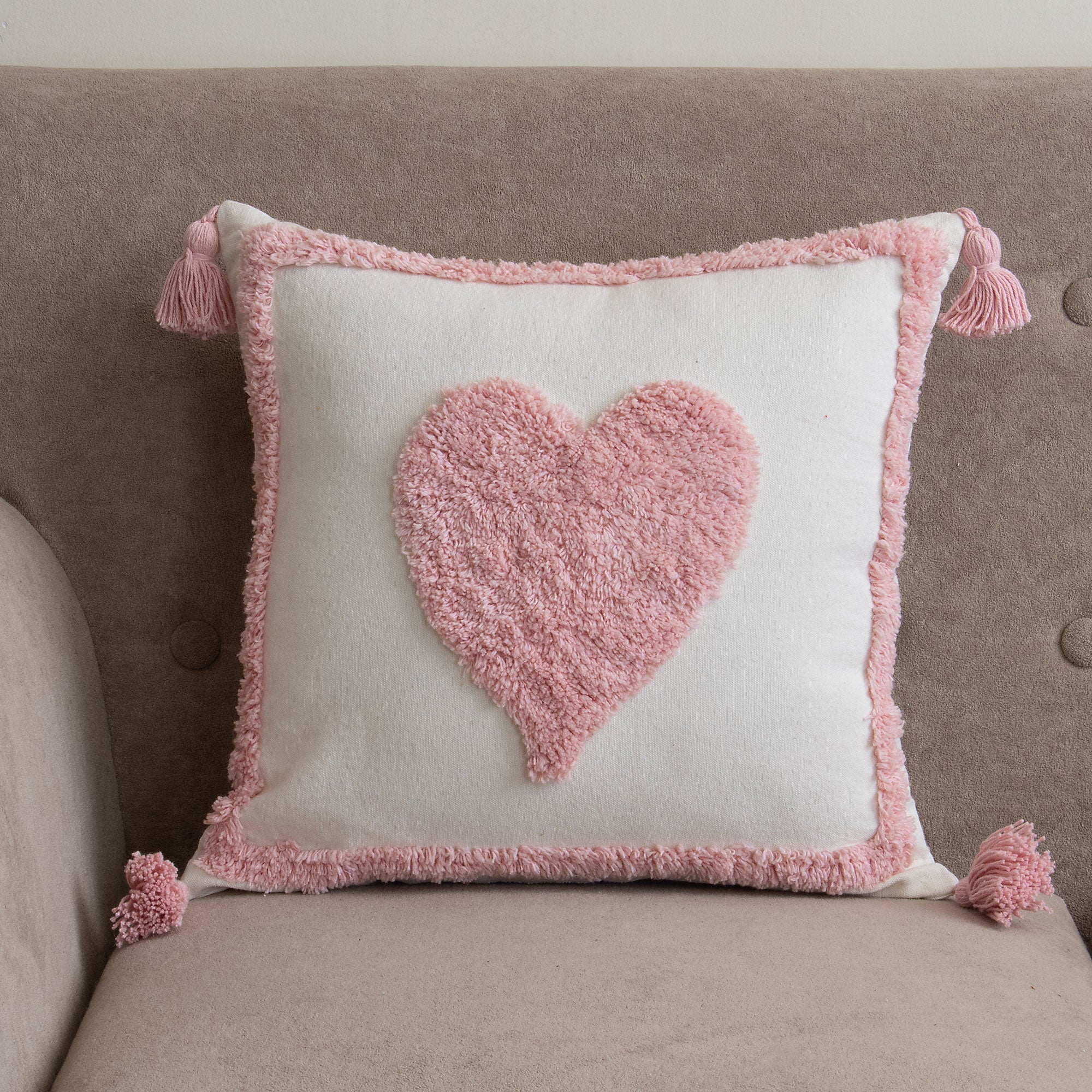 Pink Heart Tufted Cushion Cover with Tassels