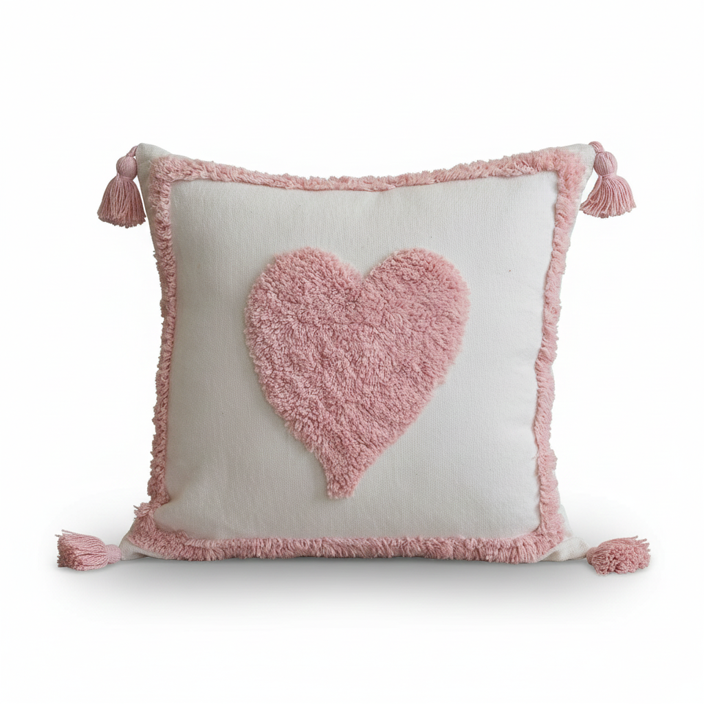 Pink Heart Tufted Cushion Cover with Tassels