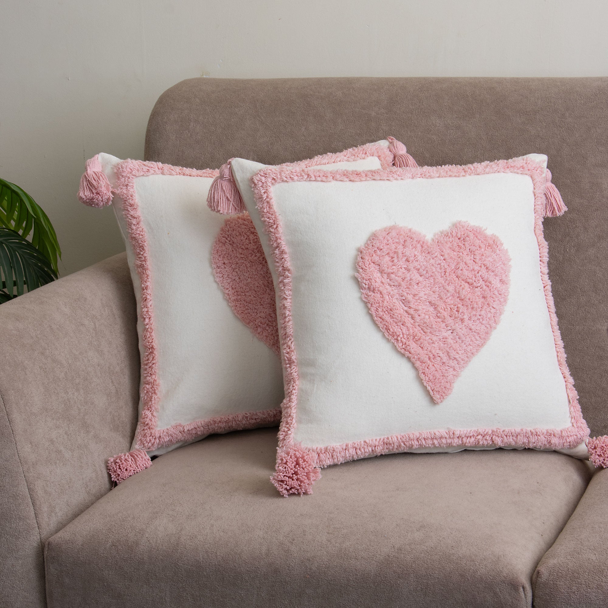 Pink Heart Tufted Cushion Cover with Tassels