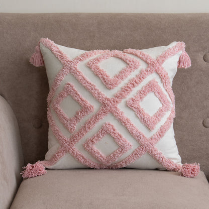 Pink Geometric Tufted Cushion Cover with Tassels