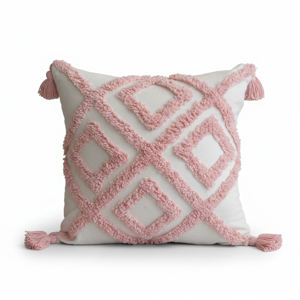 Pink Geometric Tufted Cushion Cover with Tassels