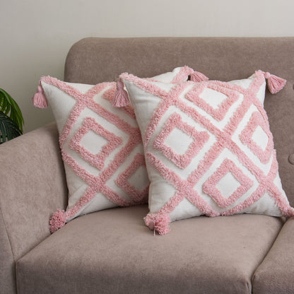 Pink Geometric Tufted Cushion Cover with Tassels