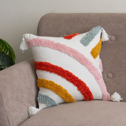 Colorful Tufted Striped Pillow Cover with Tassels