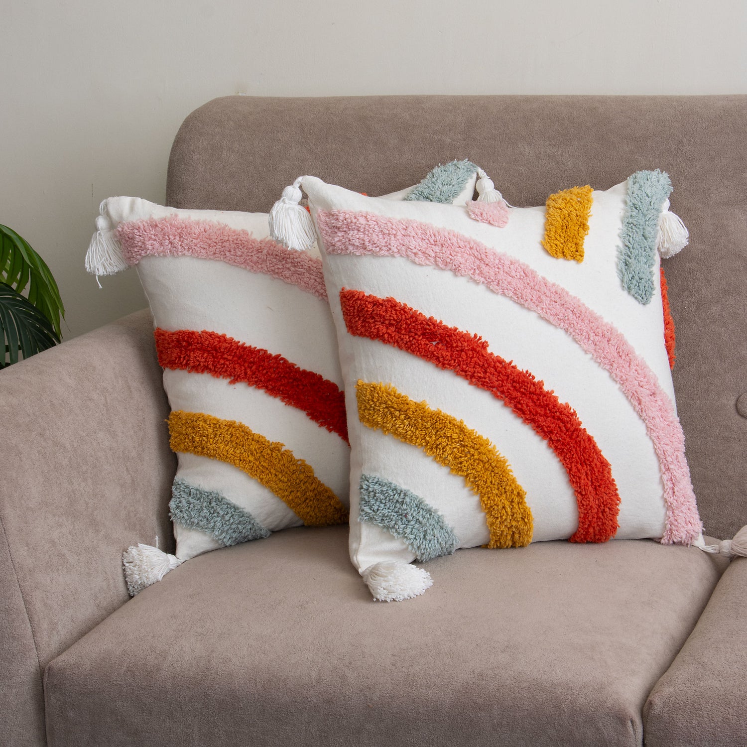 Colorful Tufted Striped Pillow Cover with Tassels