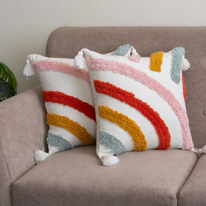 Colorful Tufted Striped Pillow Cover with Tassels