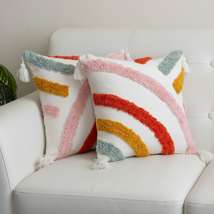 Colorful Tufted Striped Pillow Cover with Tassels