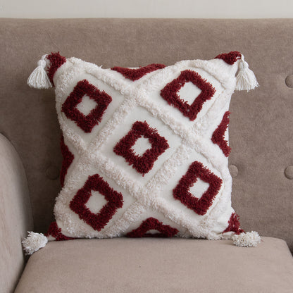 Red &amp; White Boho Tufted Cushion Cover