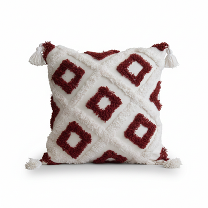 Red &amp; White Boho Tufted Cushion Cover