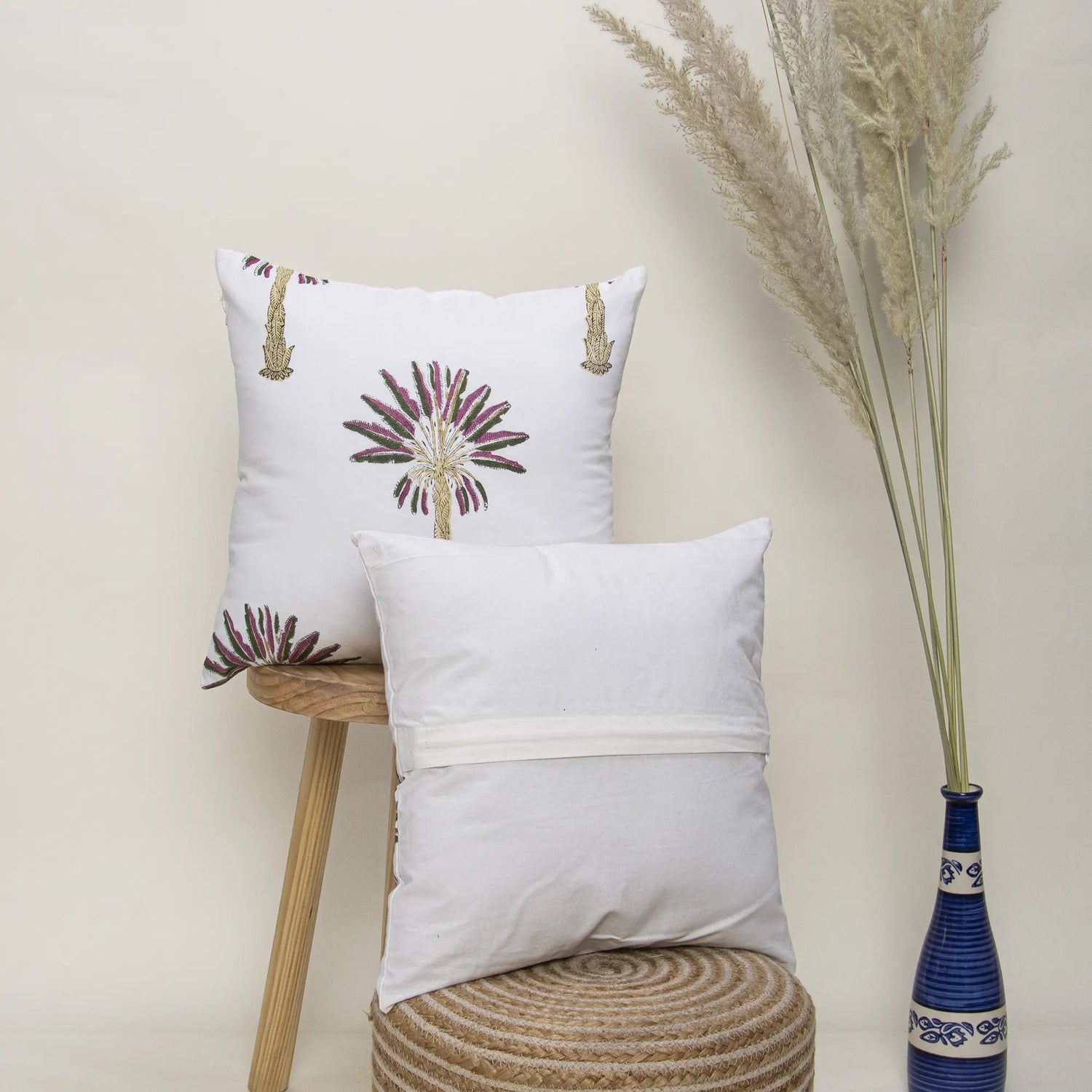 Palm Hand Block Printed Cotton Cushion Cover