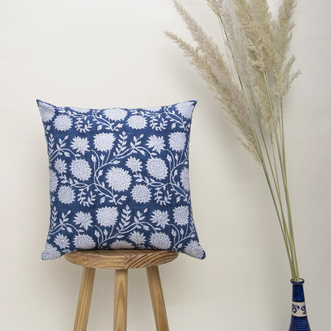 Modern Blue Floral Hand Block Printed Cotton Cushion Cover