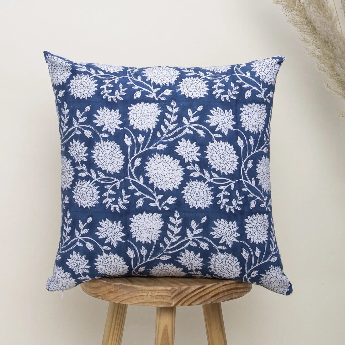 Modern Blue Floral Hand Block Printed Cotton Cushion Cover