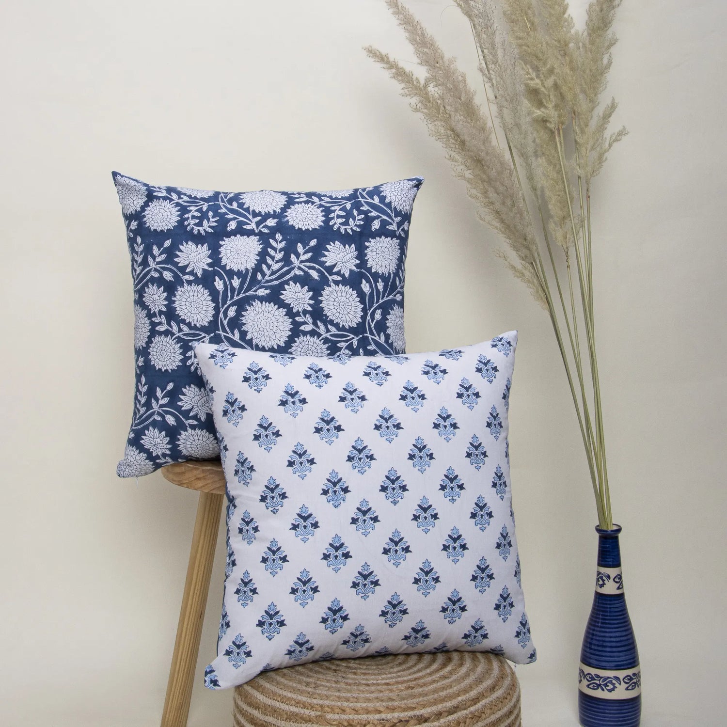 Modern Blue Floral Hand Block Printed Cotton Cushion Cover
