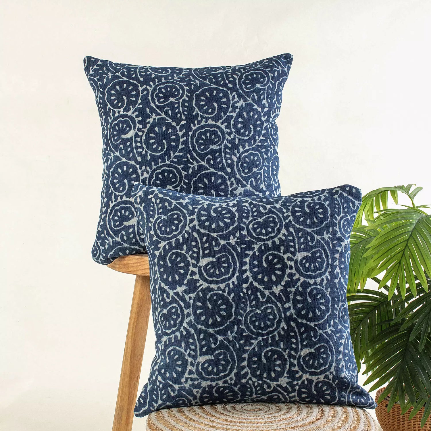 Blue Hand Block Printed Canvas Bed Cushion Cover