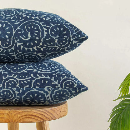 Blue Hand Block Printed Canvas Bed Cushion Cover