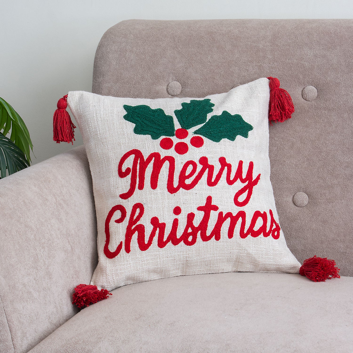 Merry Christmas Tufted Cushion Cover with Tassels Set of 2