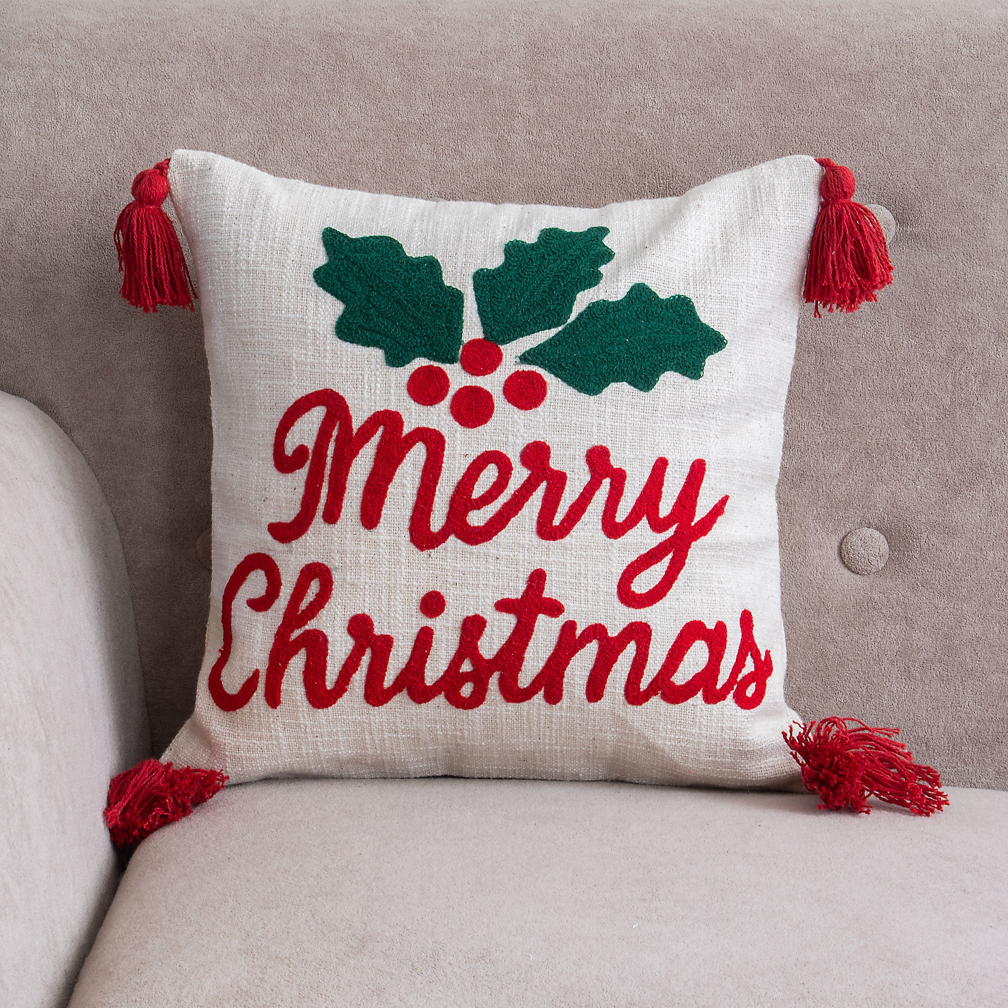Merry Christmas Tufted Cushion Cover with Tassels Set of 2