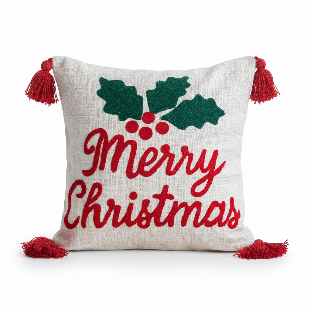 Merry Christmas Tufted Cushion Cover with Tassels Set of 2