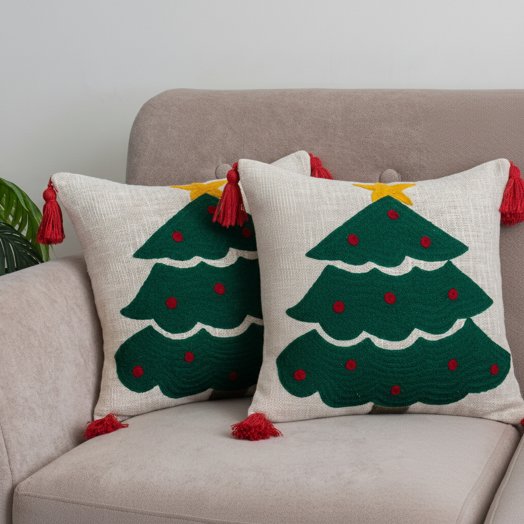 Christmas Tree Tufted Cushion Cover with Star