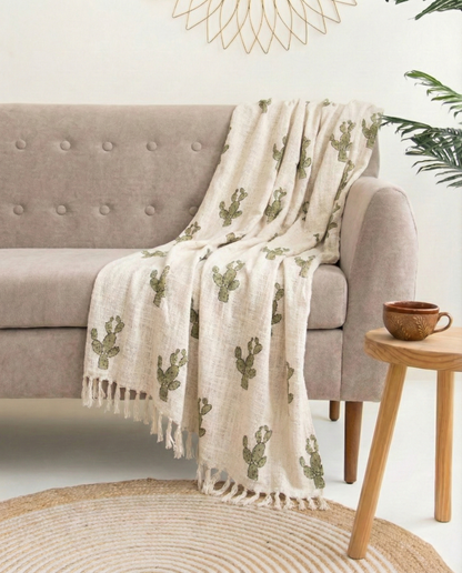 Cactus Hand Block Throw Blanket - Sage Green Desert Decor