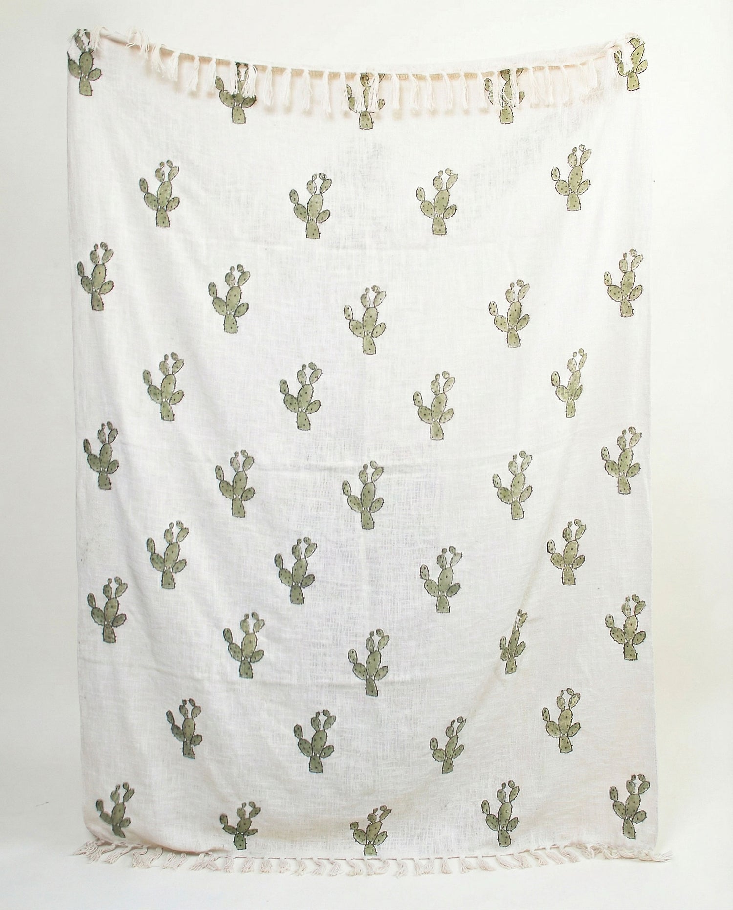 Cactus Hand Block Throw Blanket - Sage Green Desert Decor