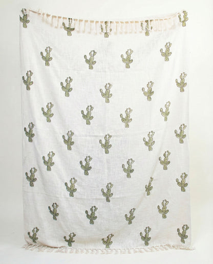 Cactus Hand Block Throw Blanket - Sage Green Desert Decor