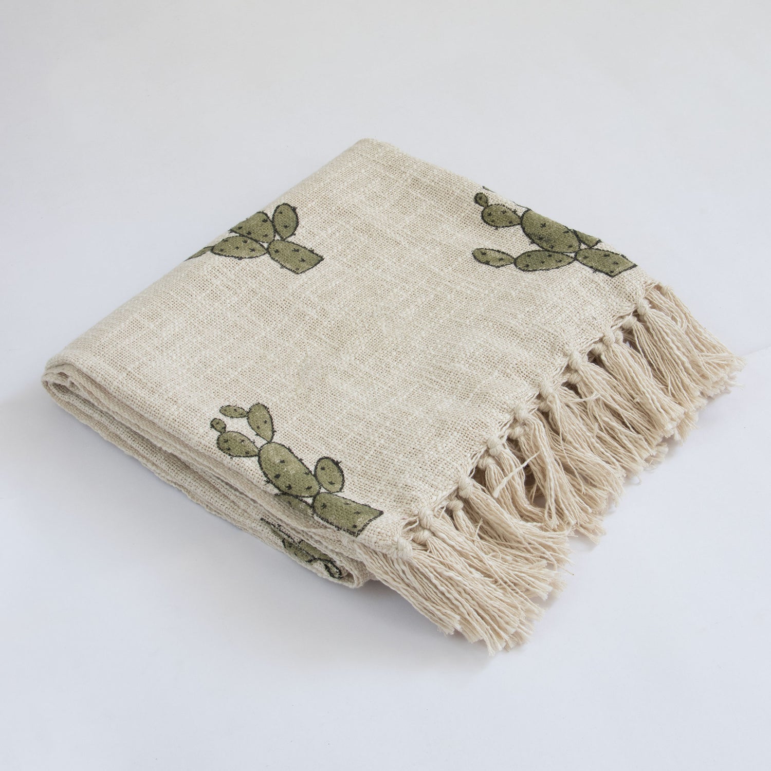 Cactus Hand Block Throw Blanket - Sage Green Desert Decor