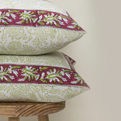 Christmas Decor Block Printed Red Floral Cotton Cushion Cover