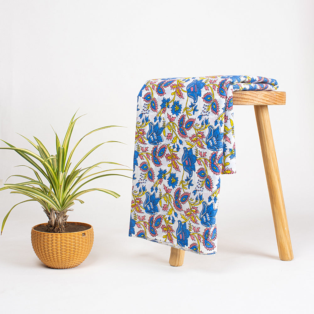 Classic Blue Floral Hand Block Printed Cotton Fabric