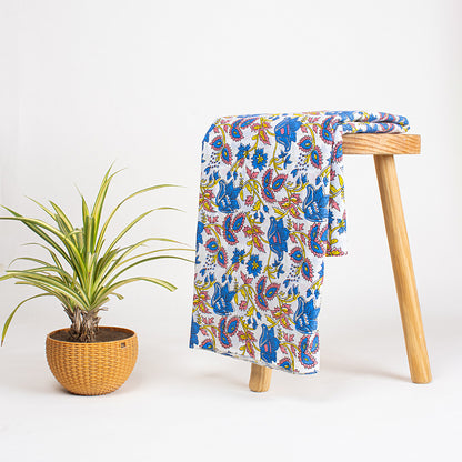 Classic Blue Floral Hand Block Printed Cotton Fabric