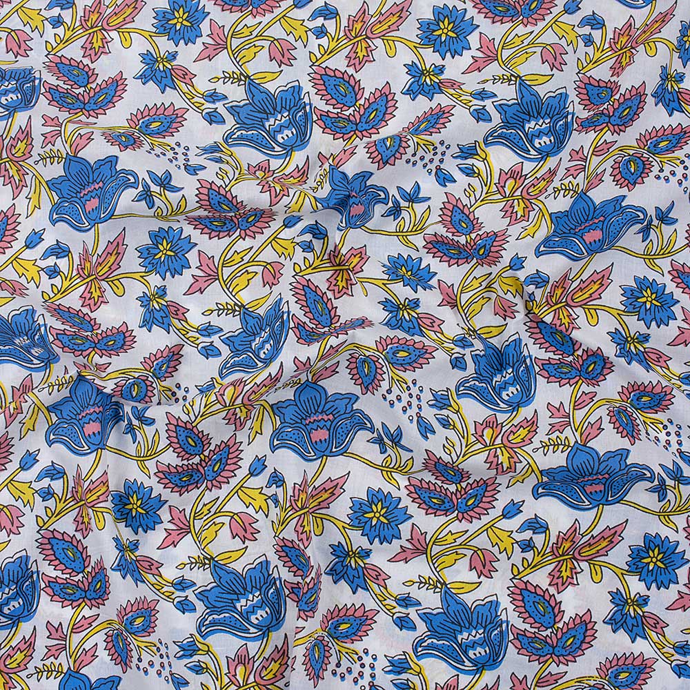 Classic Blue Floral Hand Block Printed Cotton Fabric