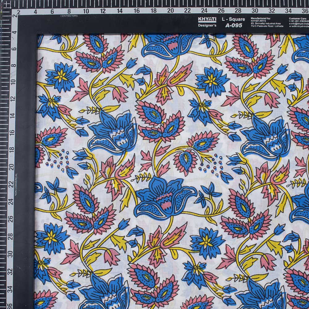 Classic Blue Floral Hand Block Printed Cotton Fabric