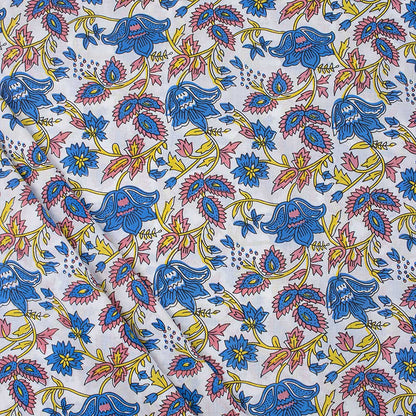 Classic Blue Floral Hand Block Printed Cotton Fabric
