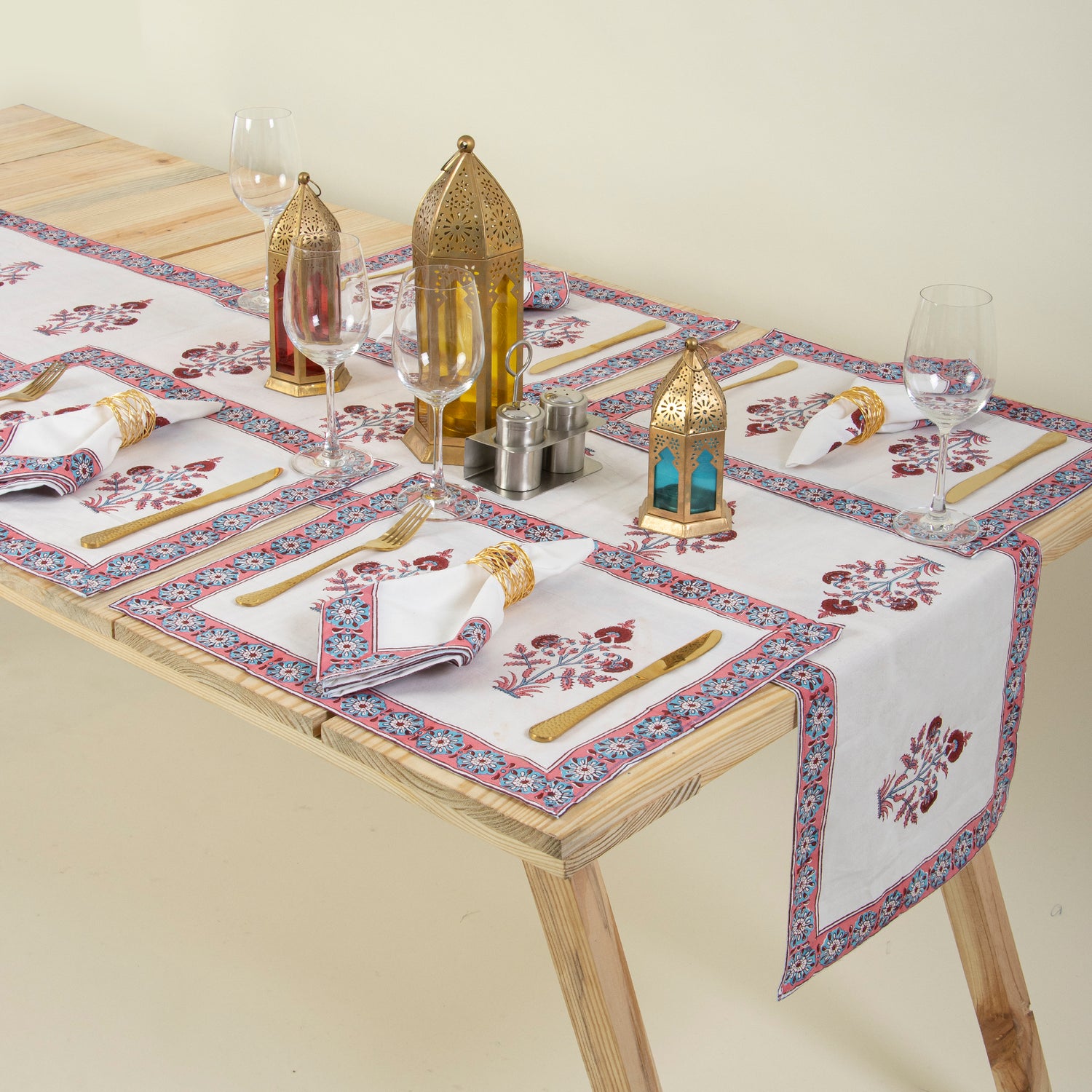 Cotton Hand Block Printed Floral Table Runner Set