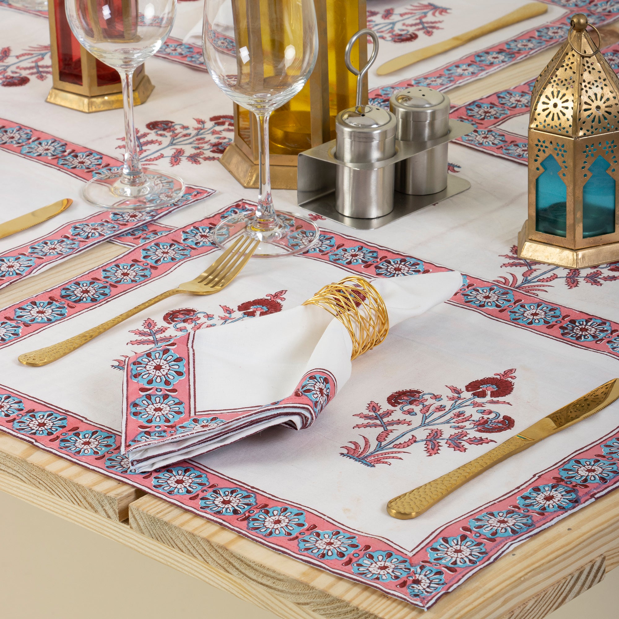 Cotton Hand Block Printed Floral Table Runner Set