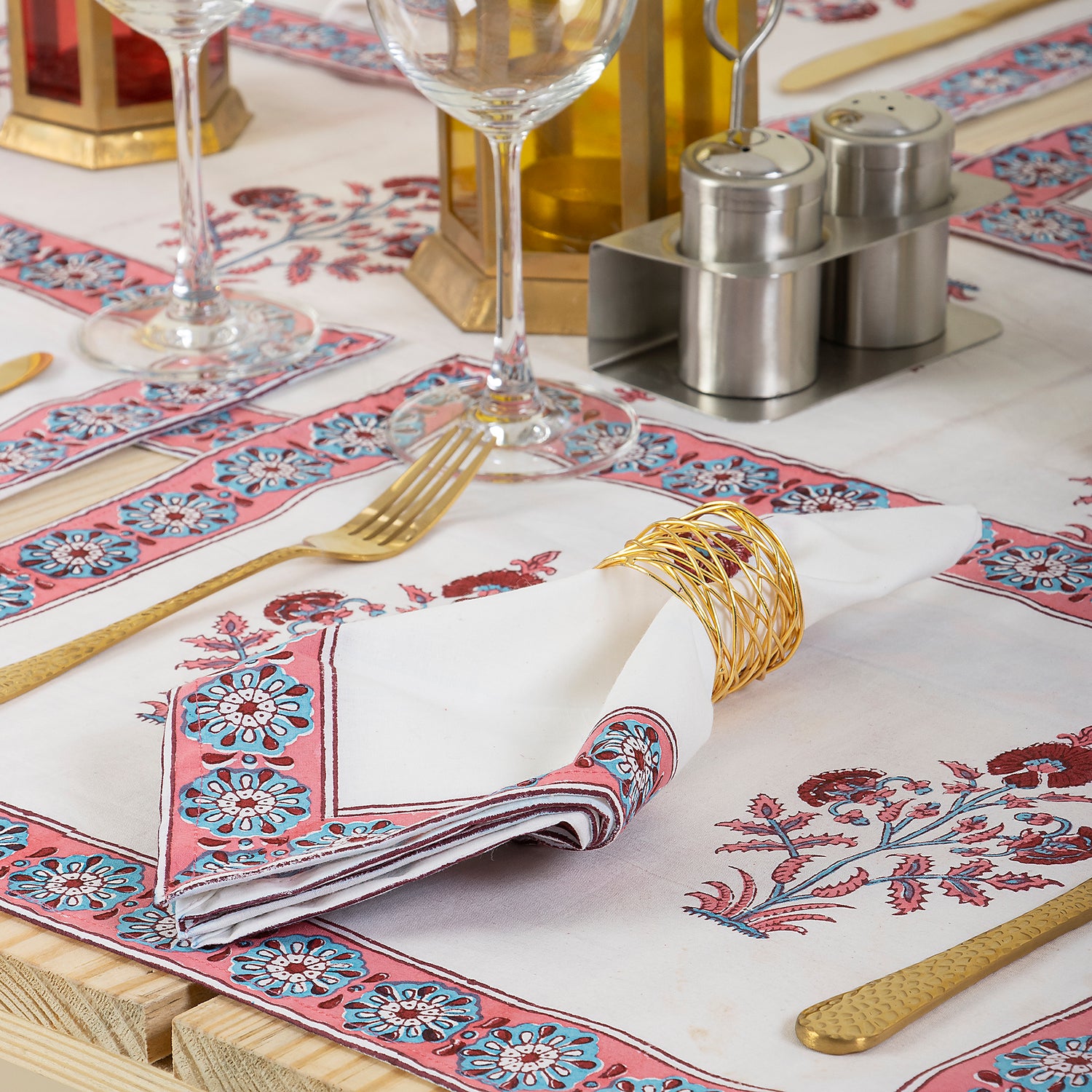 Cotton Hand Block Printed Floral Table Runner Set