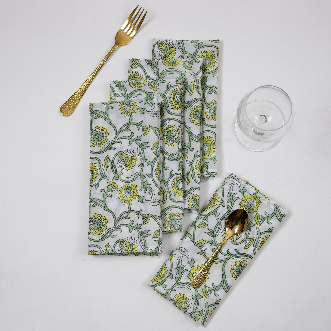 Cotton Napkins Indian Block Printed Green Floral Handmade