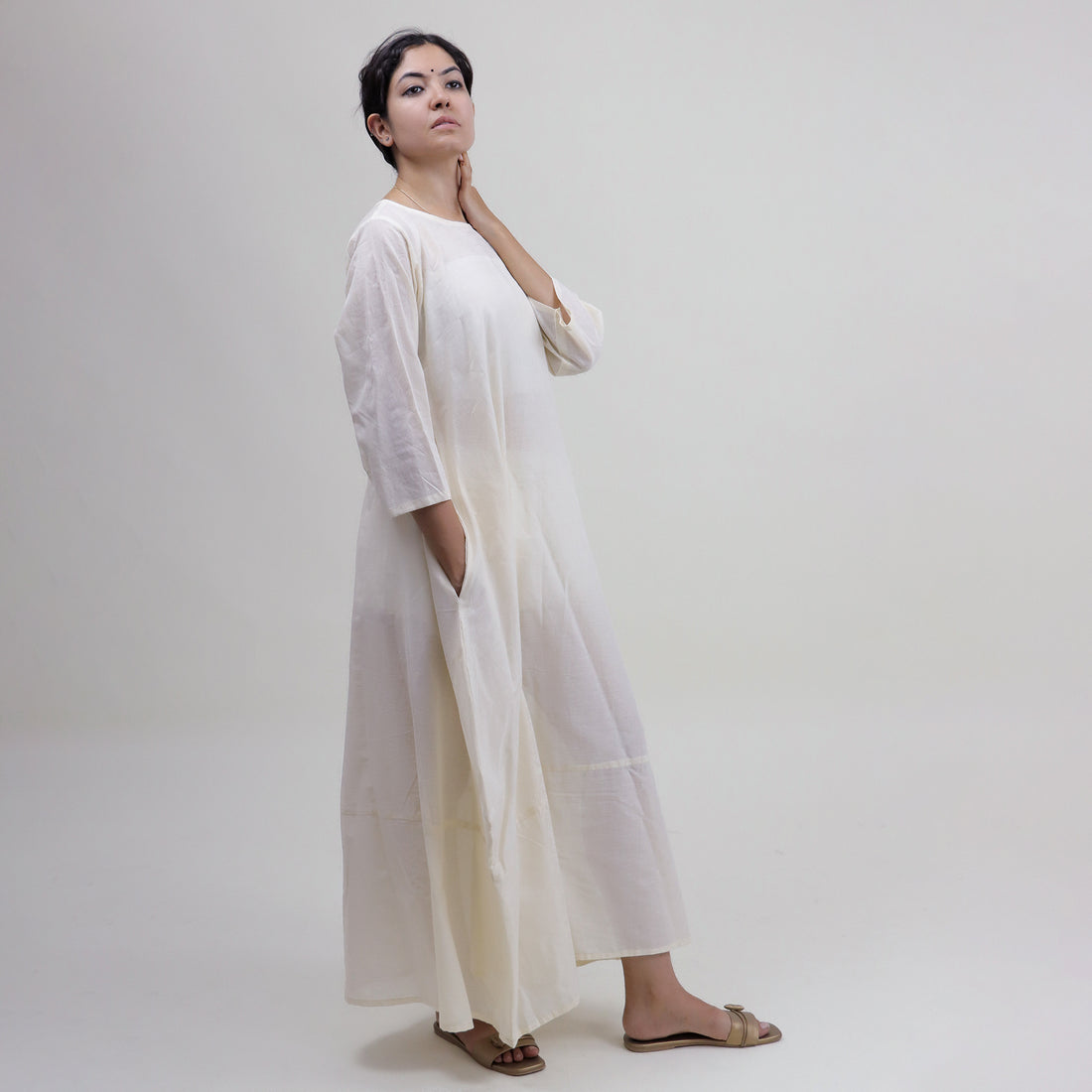 Cotton Natural Hand Dyed Solid White Kaftan Dress
