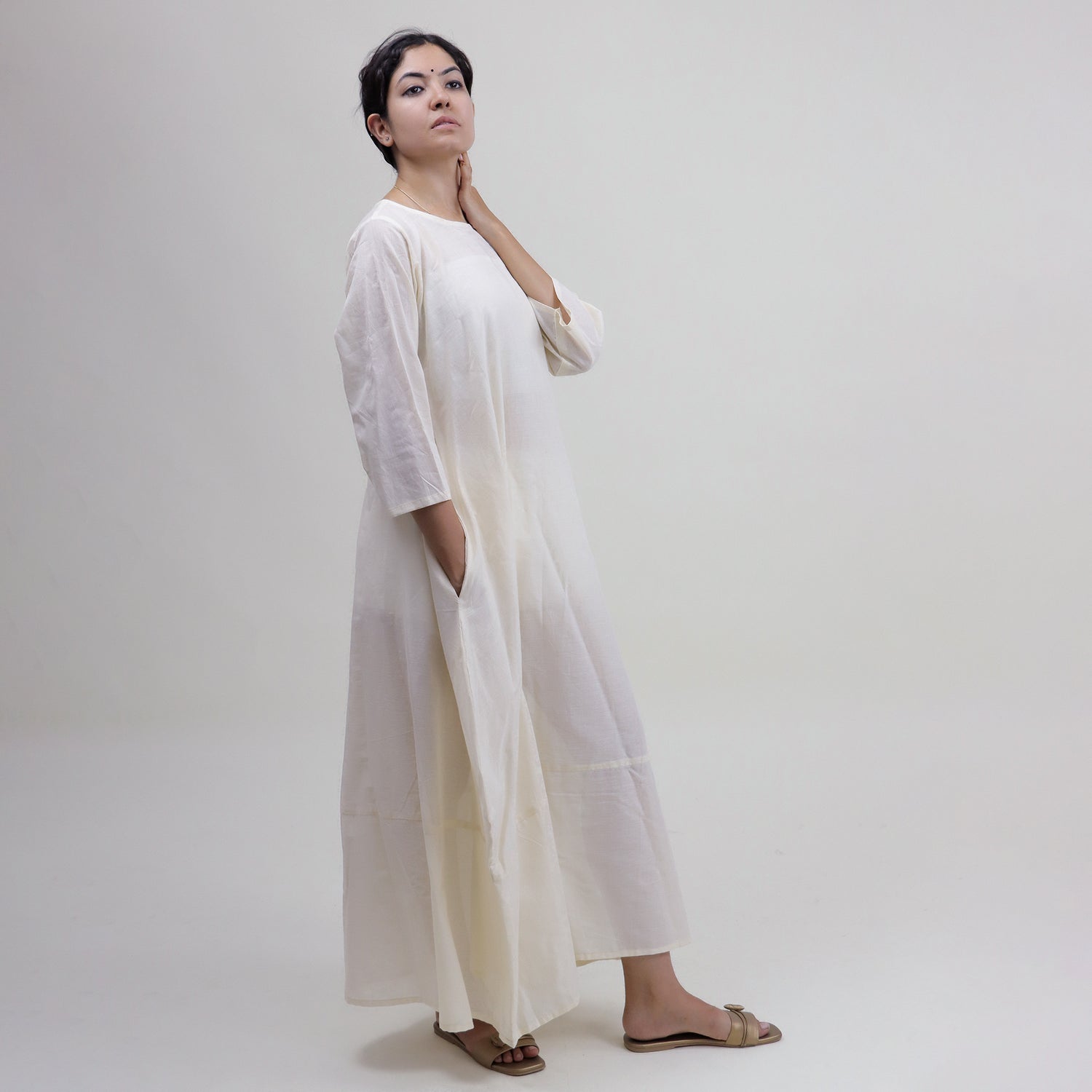 Cotton Natural Hand Dyed Solid White Kaftan Dress