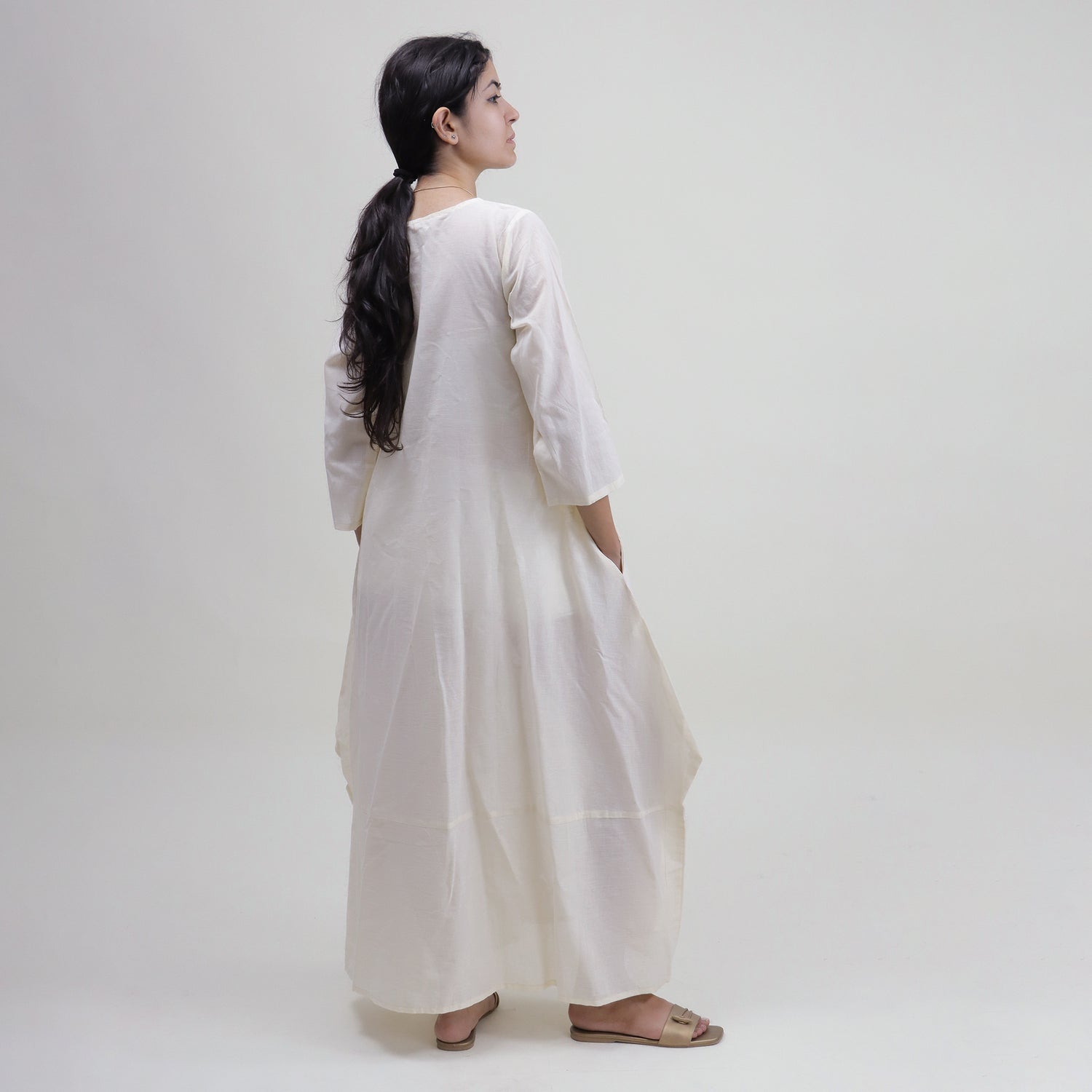 Cotton Natural Hand Dyed Solid White Kaftan Dress