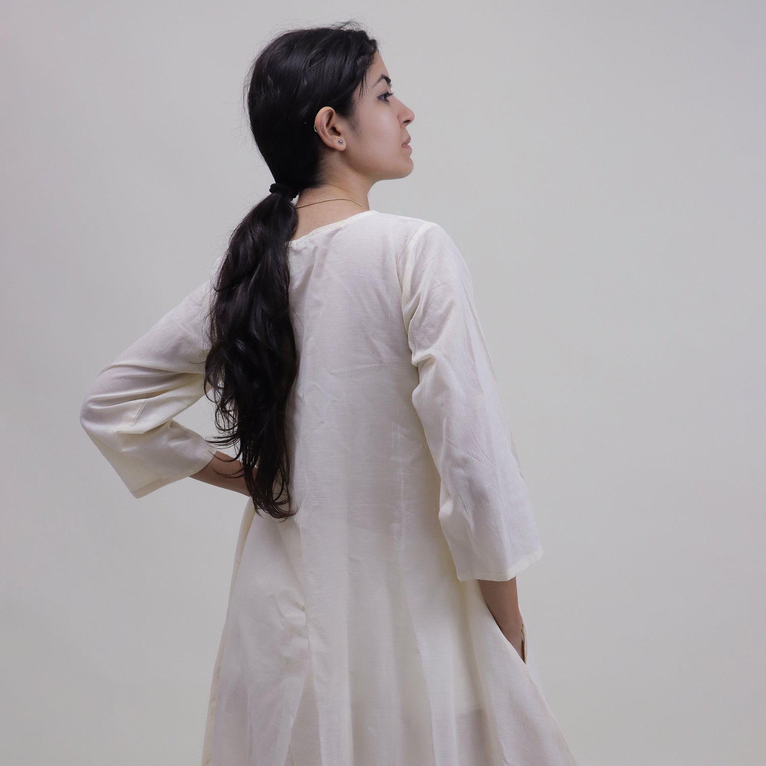 Cotton Natural Hand Dyed Solid White Kaftan Dress