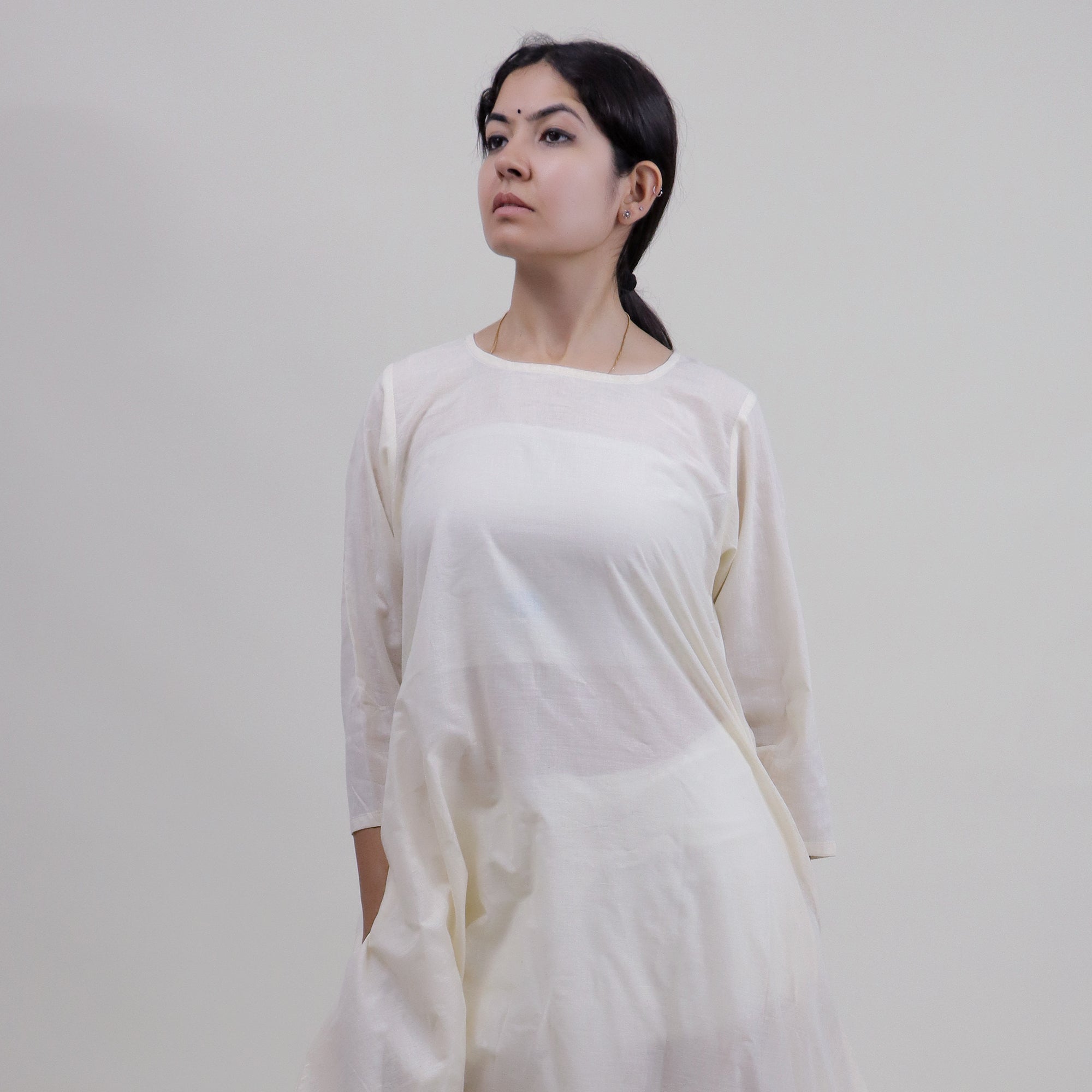 Cotton Natural Hand Dyed Solid White Kaftan Dress