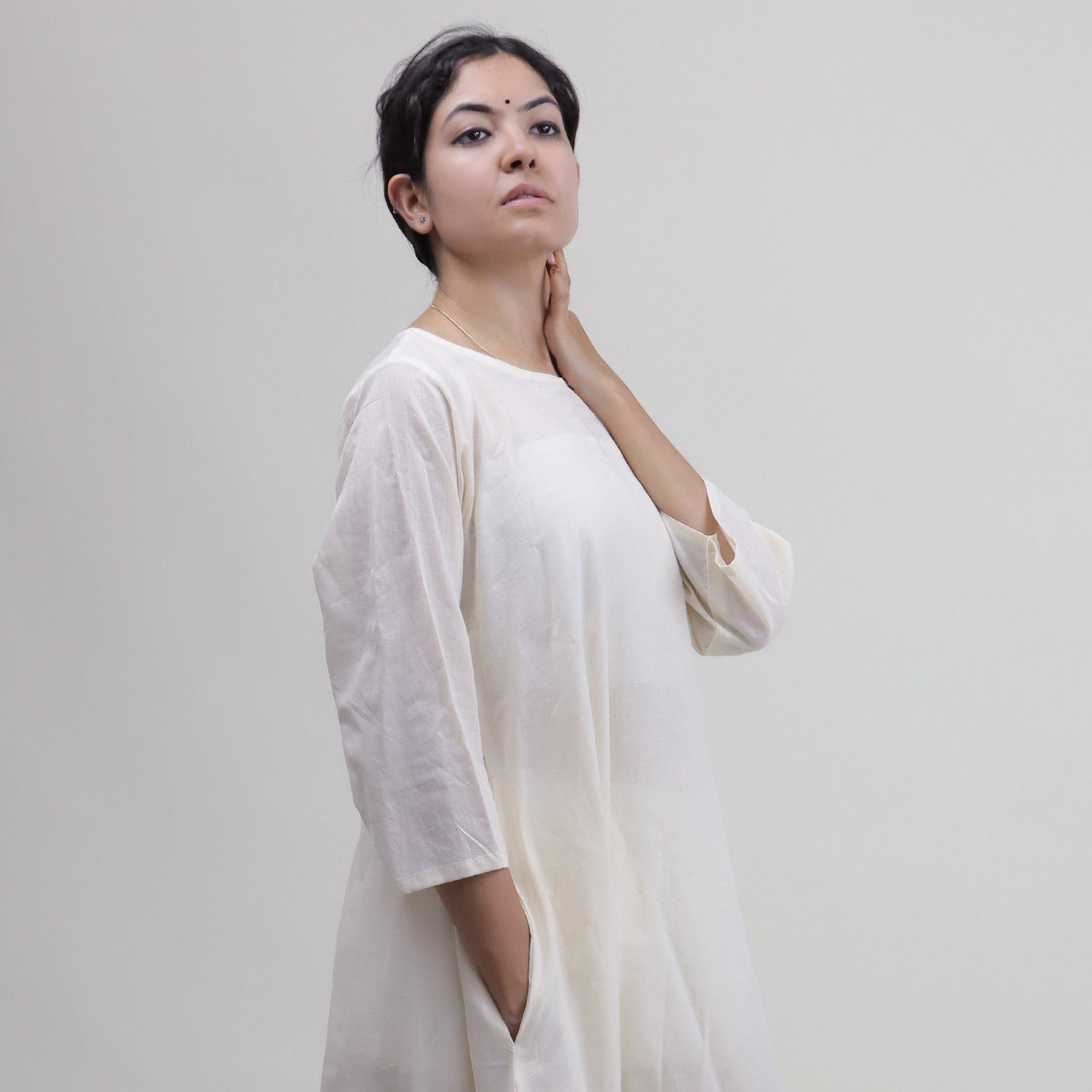 Cotton Natural Hand Dyed Solid White Kaftan Dress