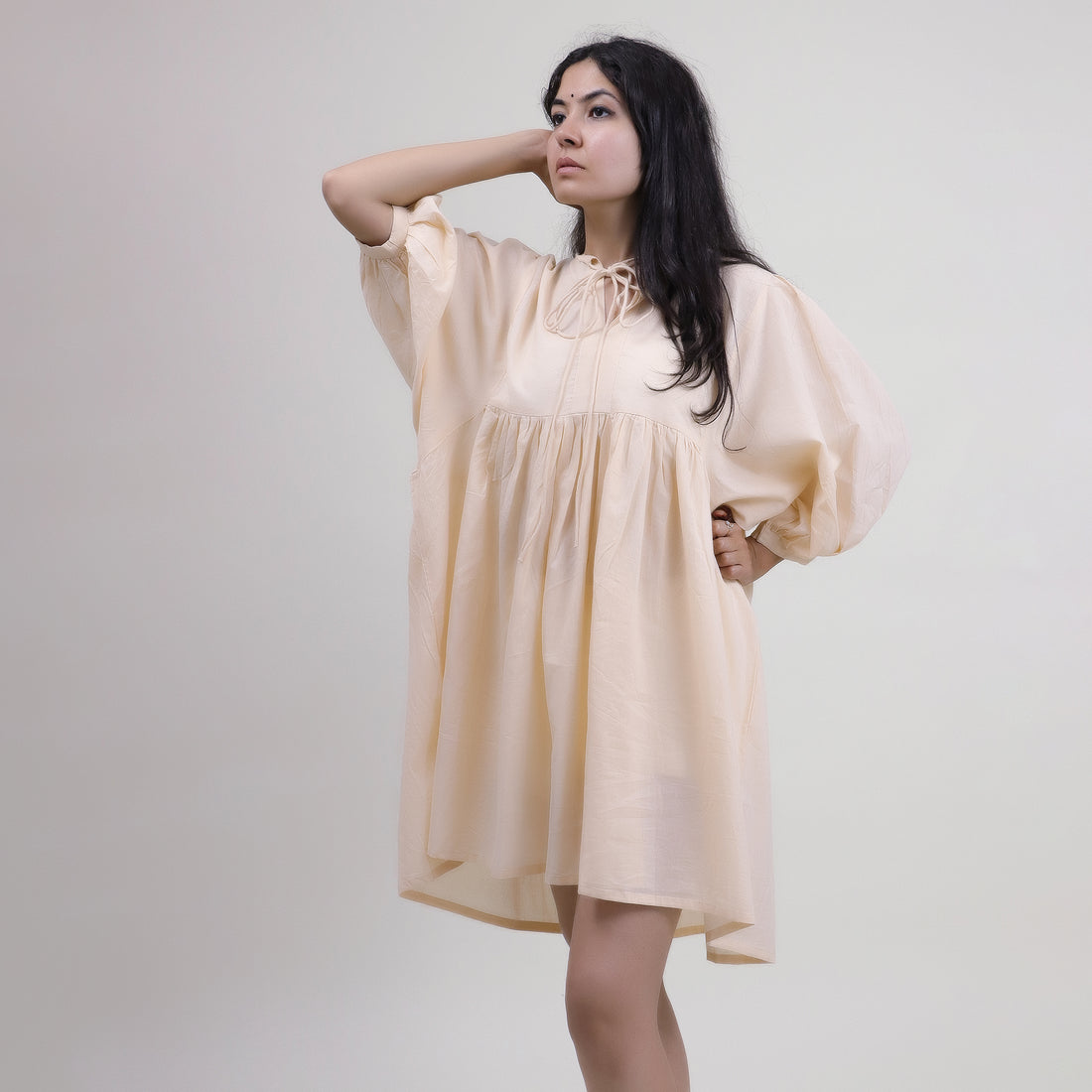 Cream Color Natural Dyed Midi Dress For Women