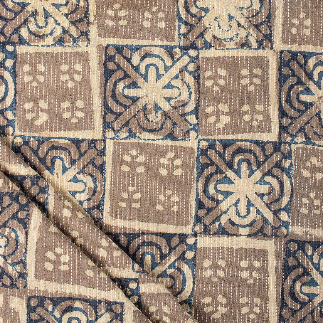 Dabu Brown Floral Hand Block Cotton Kantha Fabric